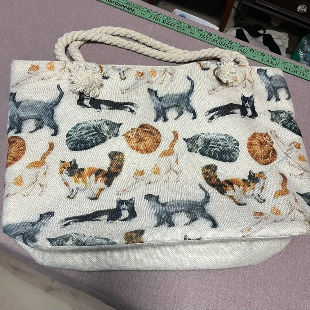 Extra Large Cat Print Tote Bag Rope Handles Quirky Cat Lady Canvas